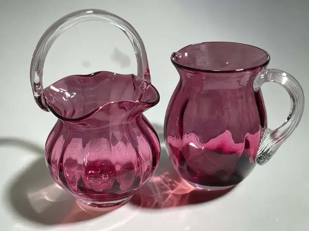 Vntg Pilgrim Art Glass Cranberry Ribbed Basket & Pitcher Set with Clear Handles